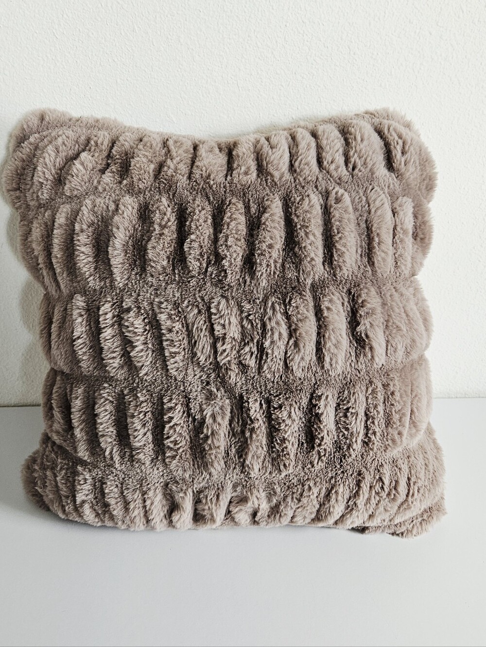 Plush Textured Faux Fur Throw Pillow in Taupe